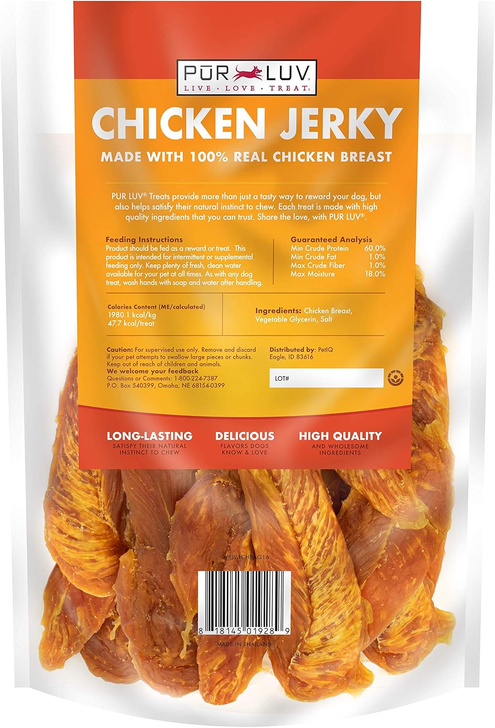 Pur Luv Chicken Jerky Dog Treats, Made with 100% Real Chicken Breast, 16 Ounces, Healthy, Easily Digestible, Long-Lasting, High Protein, Satisfies