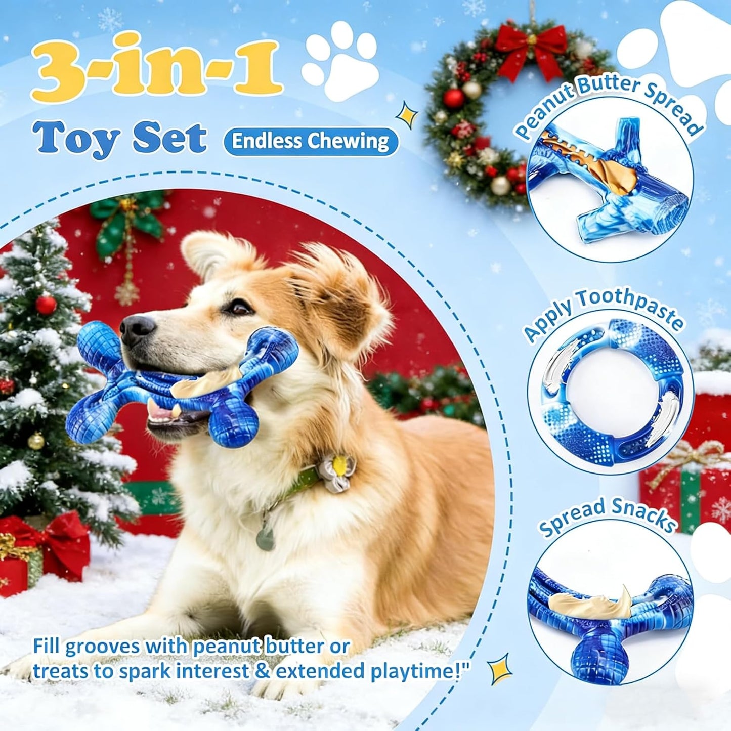 Furdog 3Pack Dog Toys for Aggressive Chewers Dog Chew Toy Tough Dog Toys to Keep Them Busy Bacon Flavor Teething Chew Toys & Dental Health for Large Medium Small Breeds (Blue)
