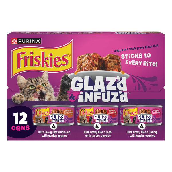 Purina Friskies Glaz’d and Infuz’d Wet Cat Food Variety Pack with Chicken, Crab or Shrimp in Wet Cat Food Gravy - 5.5 Ounce (Pack of 12)