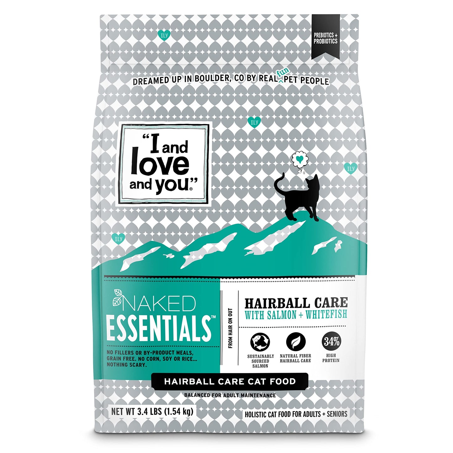 I AND LOVE AND YOU Naked Essentials Dry Cat Food - Salmon + Whitefish for Hairball Care - Grain Free, Real Meat, No Fillers, 3.4lb Bag