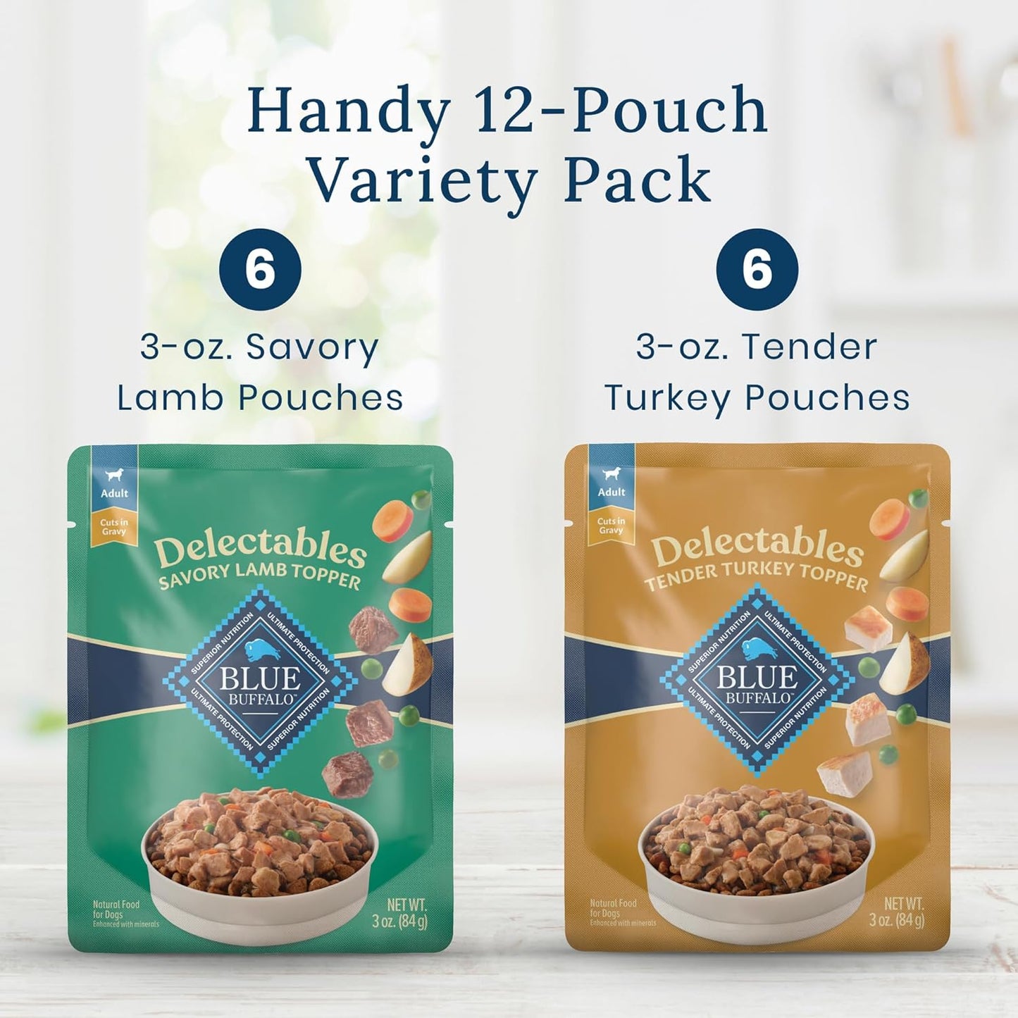 Blue Buffalo Delectables Natural Wet Dog Food Topper Variety Pack, Lamb & Turkey Dinner 3oz (12 Pack - 6 of Each Flavor)