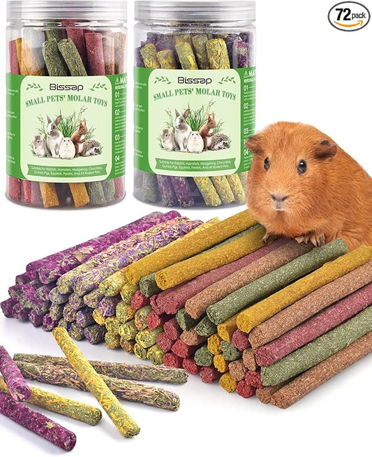 Bissap 72 PCS Rabbit Chew Sticks, Natural Timothy Hay Pumpkin Sugar Beet Carrot Strawberry Rose Dahlberg Daisy Forget-me-not Flower Treat for Bunny Chinchilla Guinea Pig Hamster Small Pet Molar Snack