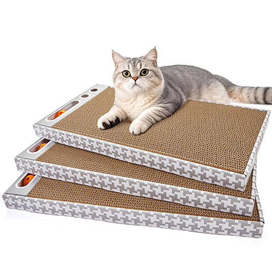 Cat Scratching Board 3 Pack – Reversible Cardboard Scratcher for Indoor Cats, Wide Boxed Scratch Pads with Bell Ball, Durable Corrugated scratchers as Furniture Protector