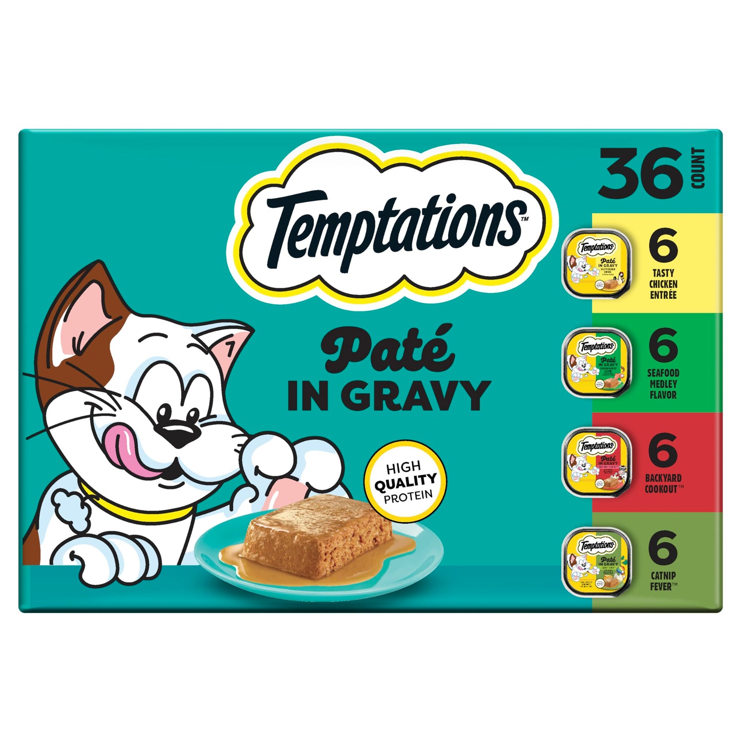 Temptations Pate in Gravy Adult Wet Cat Food Tasty Chicken Entree, Seafood Medley, Backyard Cookout, and Catnip Fever, 3.5 oz. Trays (36 Count, Pack