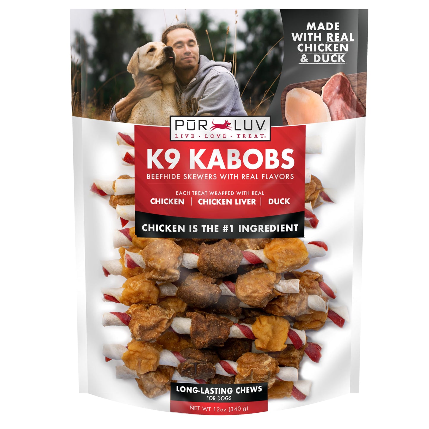 Pur Luv Dog Treats, K9 Kabobs Made with Real Chicken and Duck, 12 Ounces, Dog Snacks, Healthy, Easily Digestible, Long-Lasting, High Protein Treat