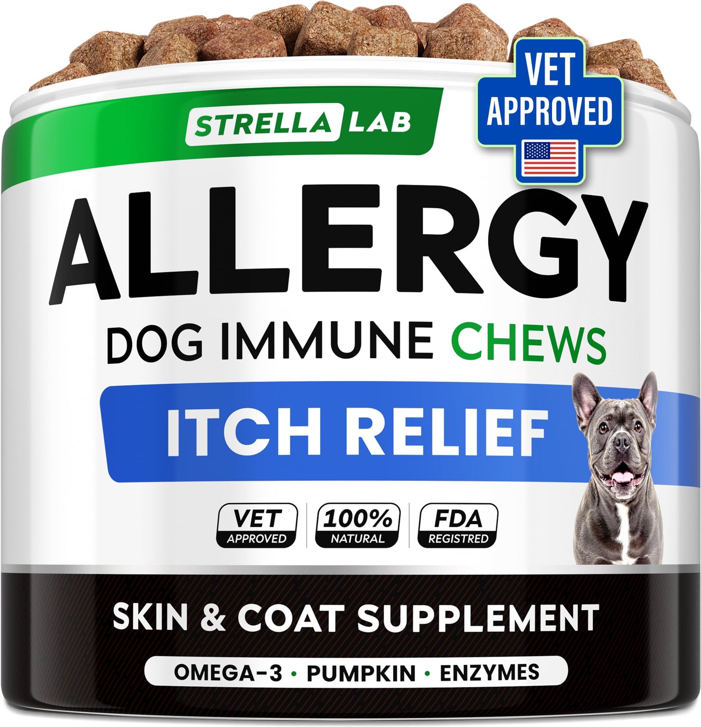 StrellaLab Dog Allergy Relief & Anti Itch Support Chews w/Omega 3: Real Ingredients, Real Taste! Skin & Coat Immune w/Fish Oil, Pumpkin & Enzymes