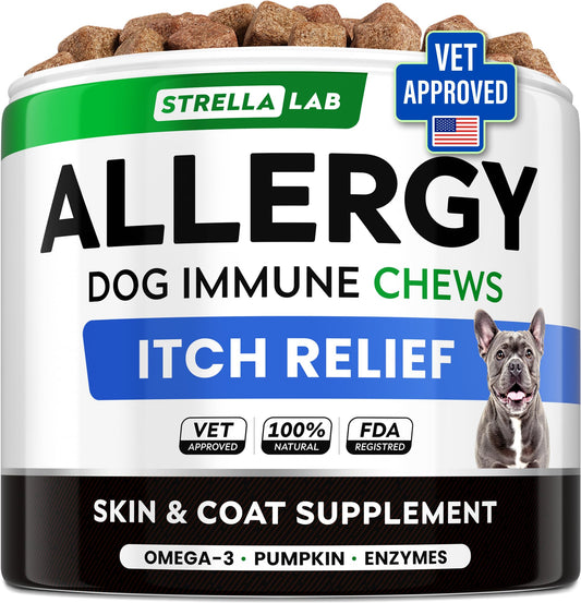 StrellaLab Dog Allergy Relief & Anti Itch Support Chews w/Omega 3: Real Ingredients, Real Taste! Skin & Coat Immune w/Fish Oil, Pumpkin & Enzymes