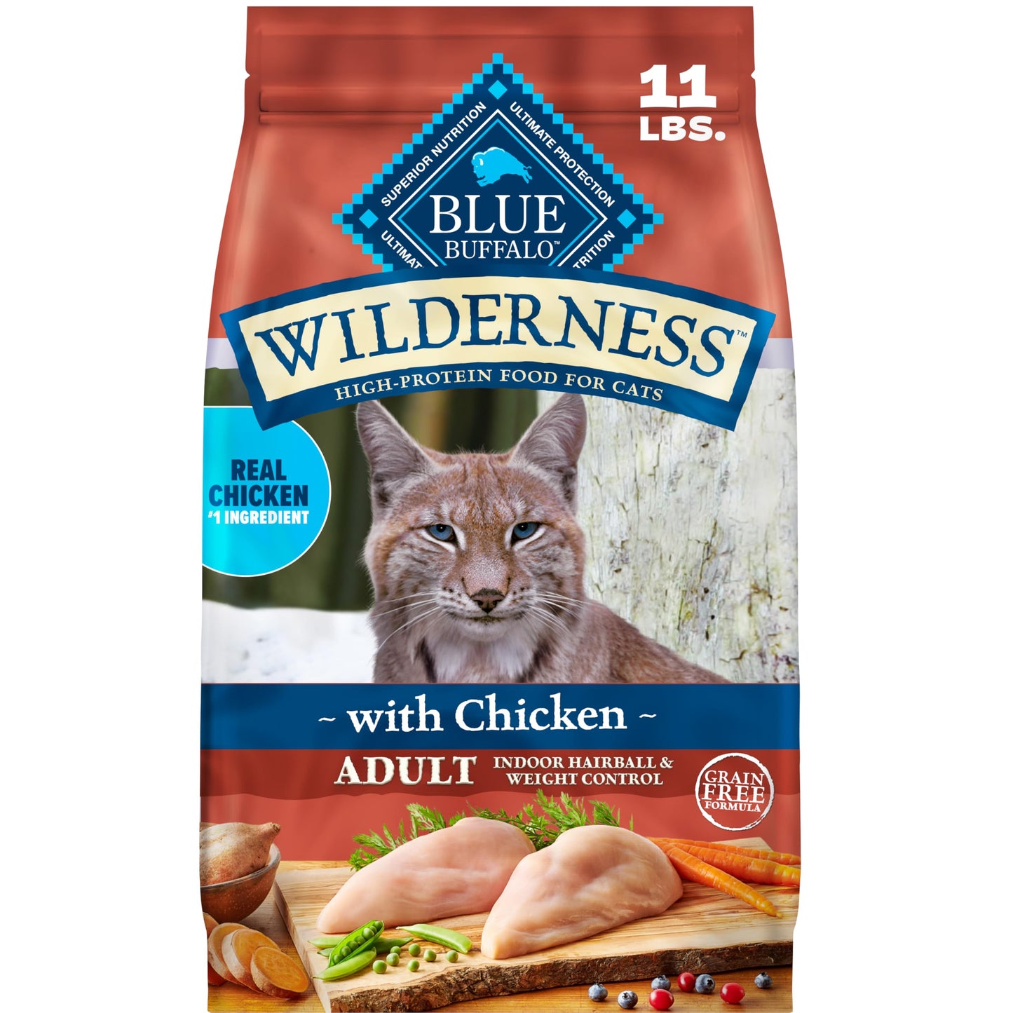 Blue Buffalo Wilderness Chicken Natural High-Protein Grain-Free Dry Food Hairball & Weight Control for Adult Indoor Cats, Real Chicken First