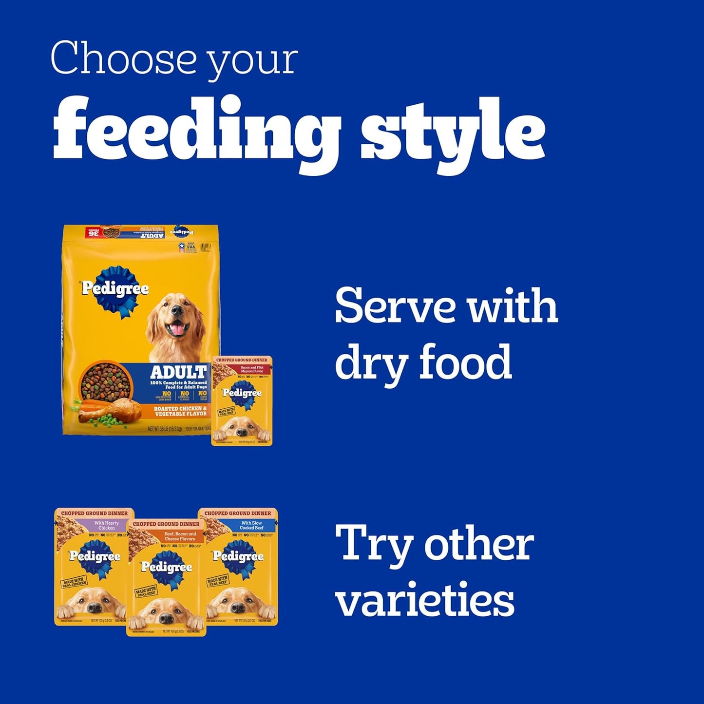 Pedigree Chopped Ground Dinner Wet Dog Food Beef & Bacon Variety Pack, (30) 3.5 oz. Pouches
