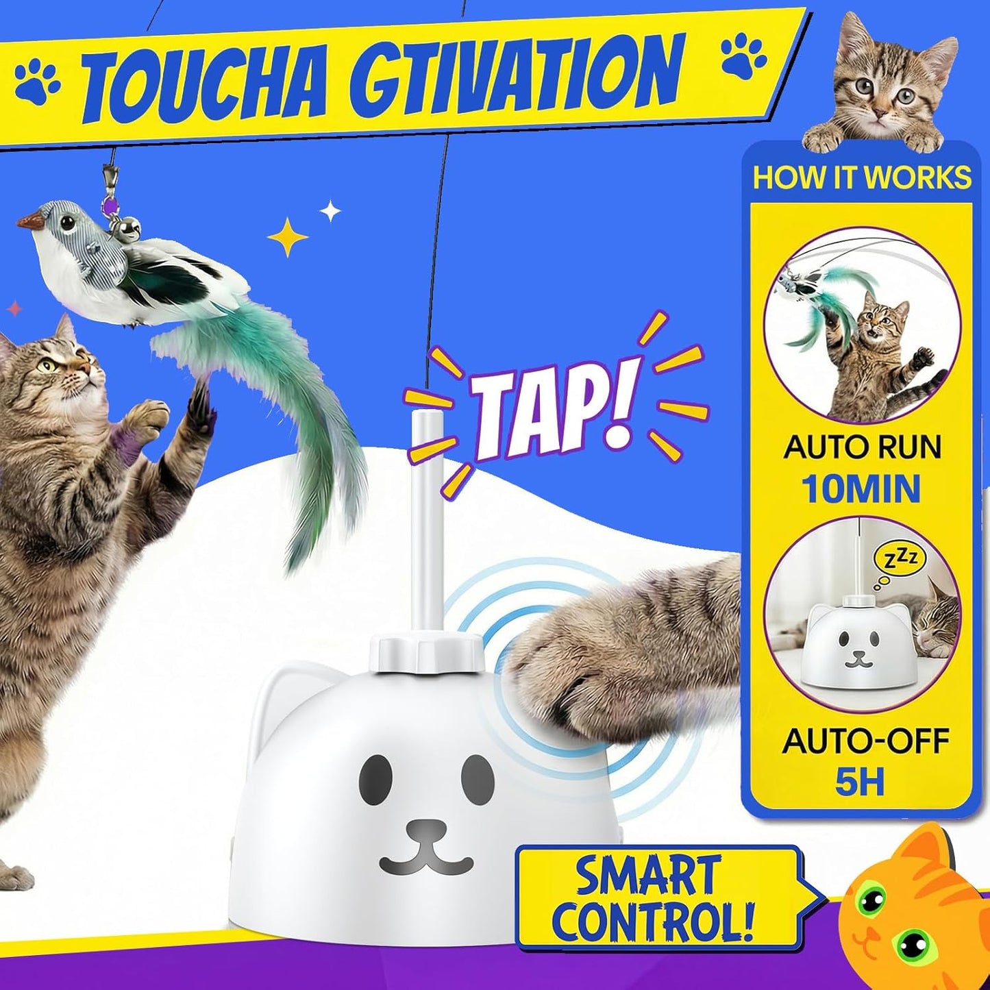 Interactive Cat Toys for Indoor Cats - Automatic Flying Bird Feather Toy, USB Rechargeable Electric Cat Teaser with Sticky Suction Base, Smart Motion Activated Self-Play Enrichment Toy for Bored Cats