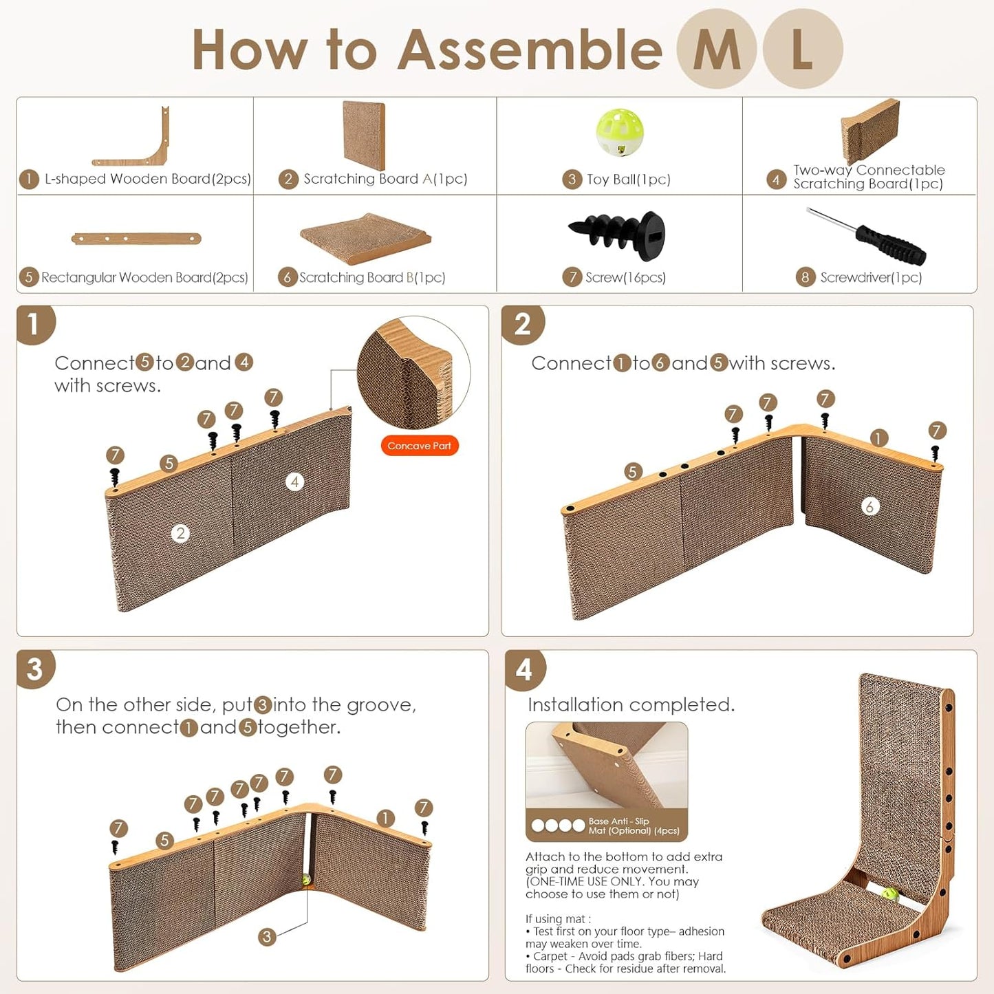 EHEYCIGA Cardboard Cat Scratcher for Indoor Cats, 26.8 Inch L Shaped Vertical Cat Scratching Board with Ball Cat Toy, Large Cat Scratcher Pad, Brown