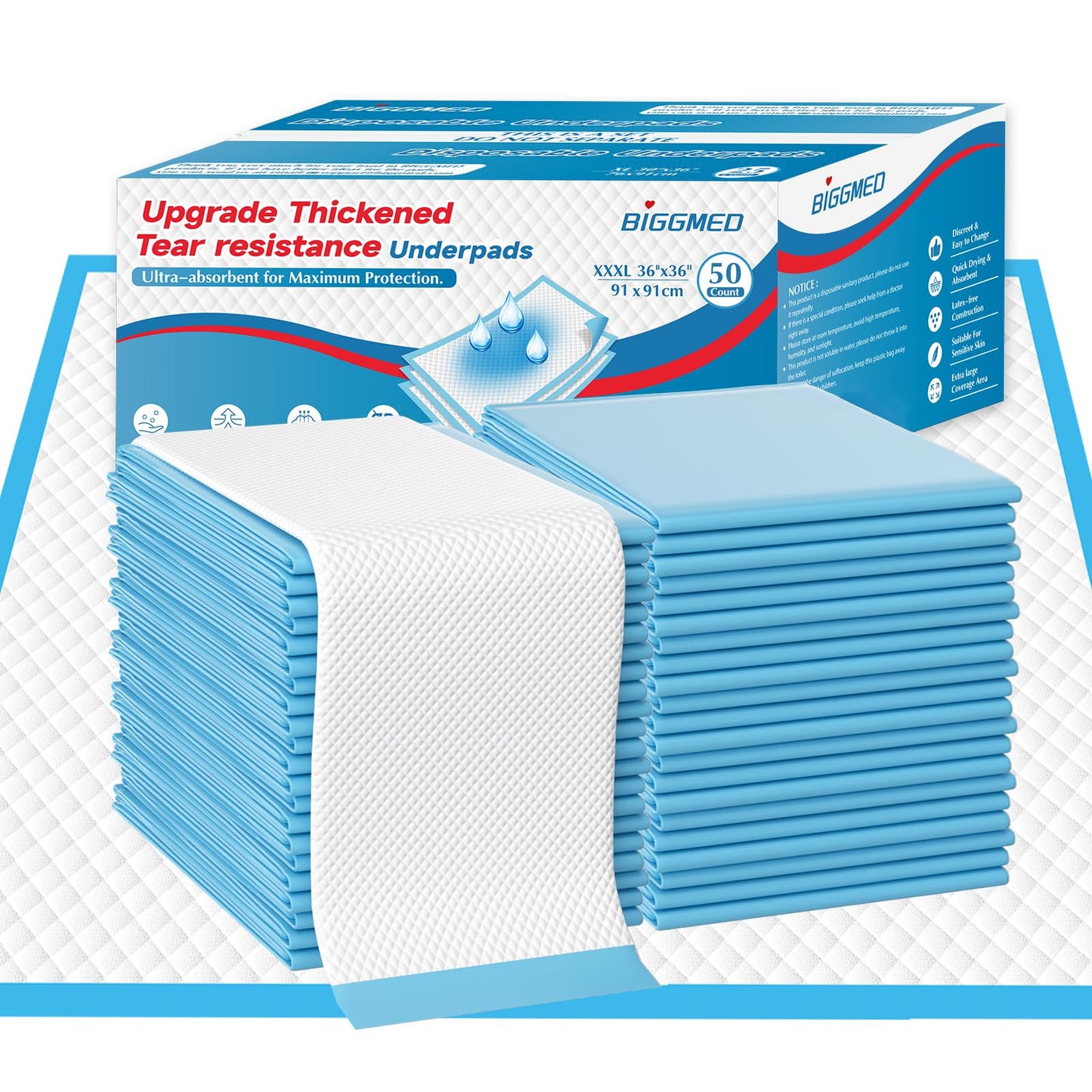 Tear-Resistant Disposable Bed Pads 36" x 36" 50 Count Super Absorbent Underpads, Chux Thicker Extra Large Incontinence Bed Pads, Pee Pads for Adults, Kids, Elderly, Pets