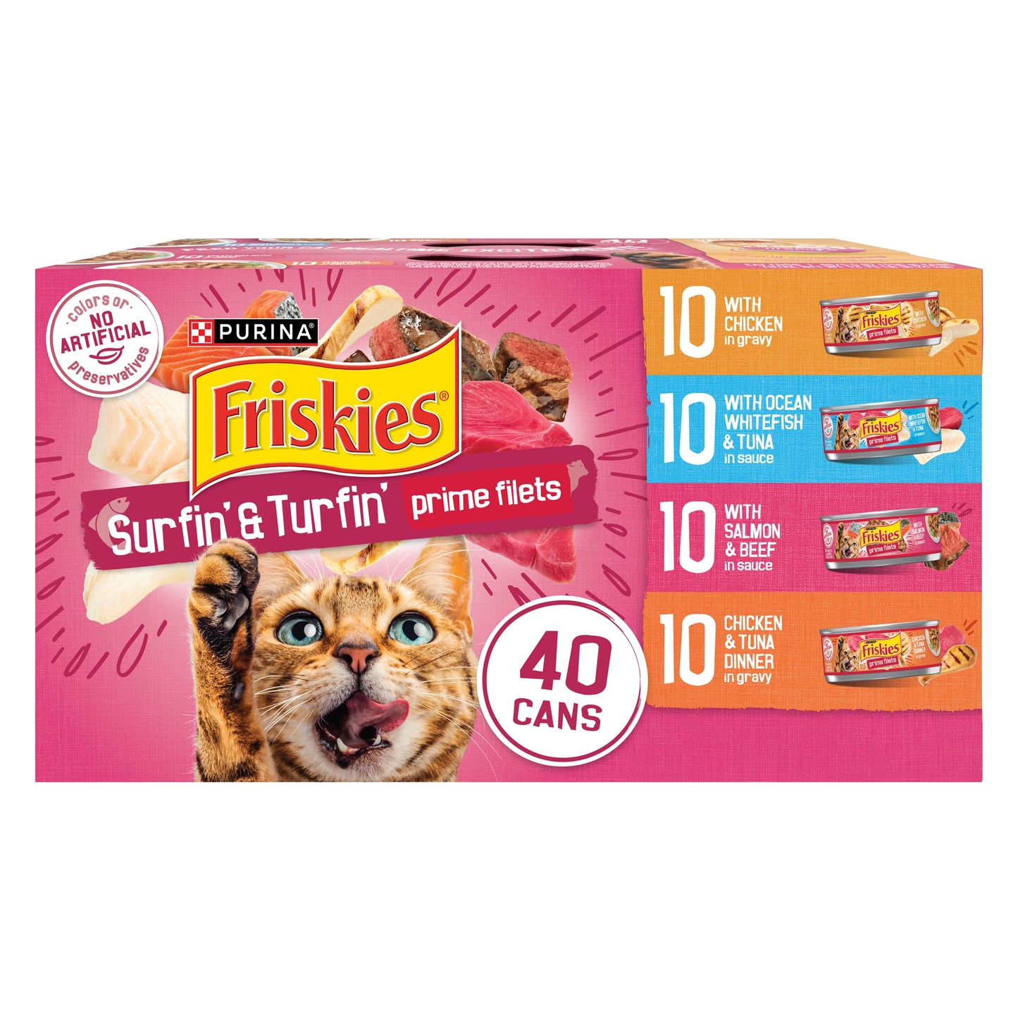 Purina Friskies Gravy Wet Cat Food Variety Pack, Surfin’ and Turfin’  Filets Favorites - (Pack of 40) 5.5 oz. Cans