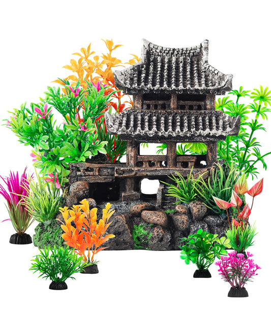 CousDUoBe 9Pcs Resin Castle Decorations Set，Realistic Fish Tank Castle with Eco-Friendly Design,Fish Tank Decorations Aquarium Accessories