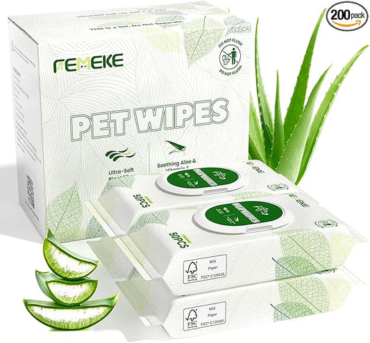 Unscented Dog Wipes & Cat Wipes (4x50 Packs) | Hypoallergenic, pH Balanced for Paws, Body, Eyes & Ears Grooming |All-Natural Plant Fiber Wipes with Aloe & Vitamin E | Pearl Texture