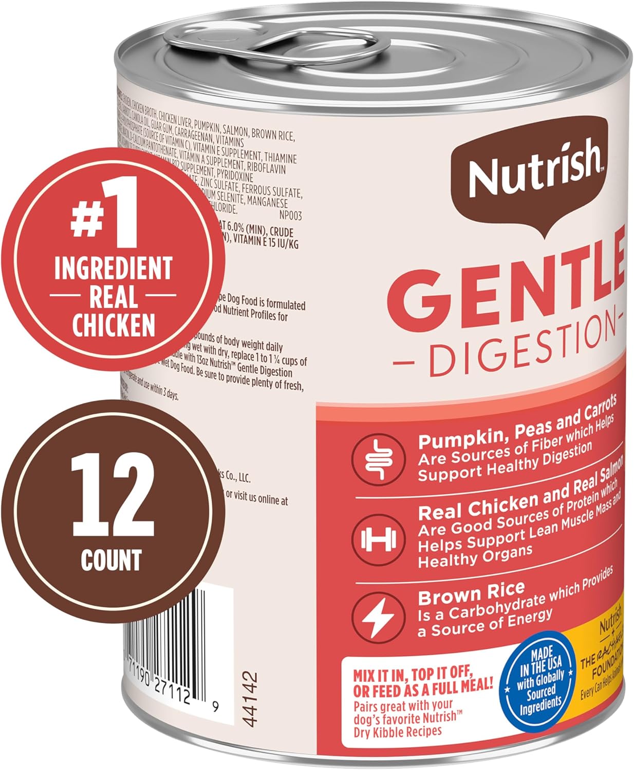 Nutrish Gentle Digestion Premium Paté Wet Dog Food, Real Chicken, Pumpkin & Salmon Recipe, 13 oz. Can, 12 Count (Rachael Ray)