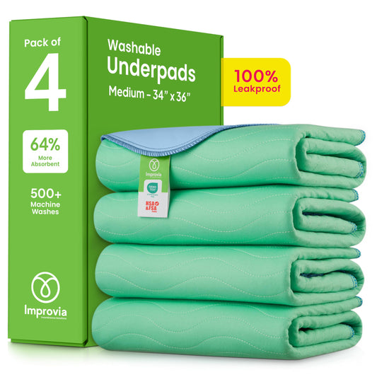 IMPROVIA Washable Underpads, 34" x 36" (Pack of 4) - Heavy Absorbency Reusable Bedwetting Incontinence Pads for Kids, Adults, Elderly, and Pets - Waterproof Protective Pad for Bed, Couch, Sofa, Floor