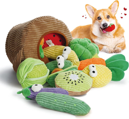 Nocciola Small Squeaky Crinkle Dog Toys- 15 Packs Grocery Basket Fruits Veggies Puppy Toys to Keep Busy, Cute Durable Plush Stuffed Hide Seek Cognitive Dog Christmas Stocking Stuffers