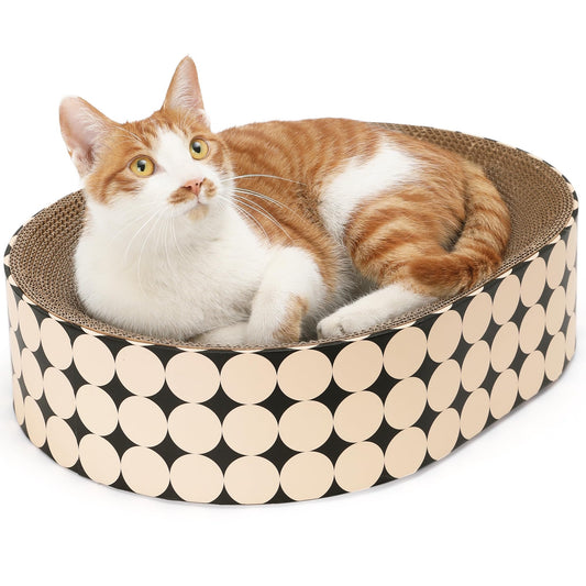 FUKUMARU Cat Scratcher Cardboard Lounge Bed, 2-in-1 Cat Scratch Pad, Oval Cats Scratching Board Indoor, Durable Modern Kitty Scratcher Bowl, Cats Scratch Furniture Protector, Polka Dot