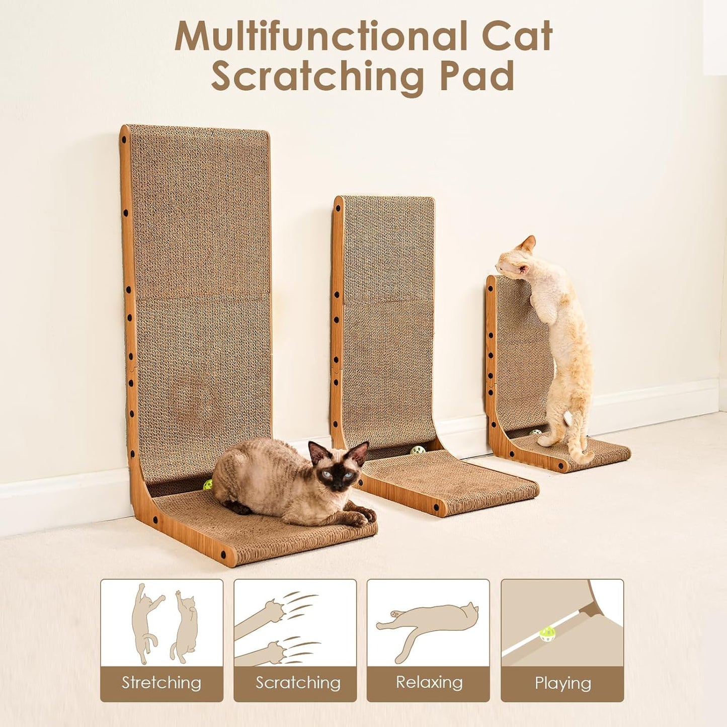 EHEYCIGA Cardboard Cat Scratcher for Indoor Cats, 26.8 Inch L Shaped Vertical Cat Scratching Board with Ball Cat Toy, Large Cat Scratcher Pad, Brown