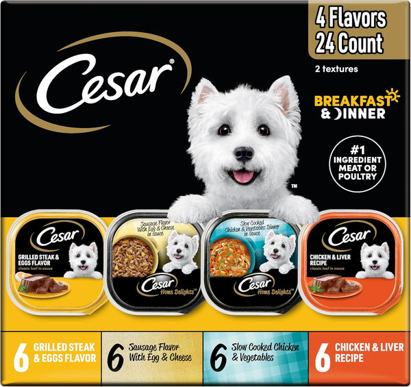 Cesar Home Delights & Classic Loaf in Sauce Adult Wet Dog Food, Breakfast & Dinner Variety Pack, Wet Food for Dogs, 3.5 oz Tray, 24 Count
