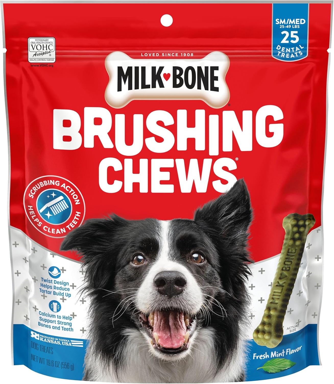 Milk-Bone Brushing Chews Daily Dental Dog Treats, Fresh Mint Flavor, Small/Medium, 25 Count