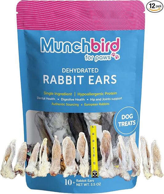 Munchbird Dehydrated Rabbit Ears 100g (3.5 oz) 12-15 pcs for Dogs, European Furry Rabbit Ear Natural Fiber for Pets, Rawhide Free Alternative to Pig Ears Dog Treats, Ear Size Varies