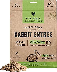 Vital Essentials Freeze Dried Dog Food, Raw Rabbit Crunchy Mini Nibs | Complete Meal or Topper | 96% Rabbit, Organs & Bone | Limited Ingredient, High Protein, Grain Free Dry Dog Food | 14 oz Bag