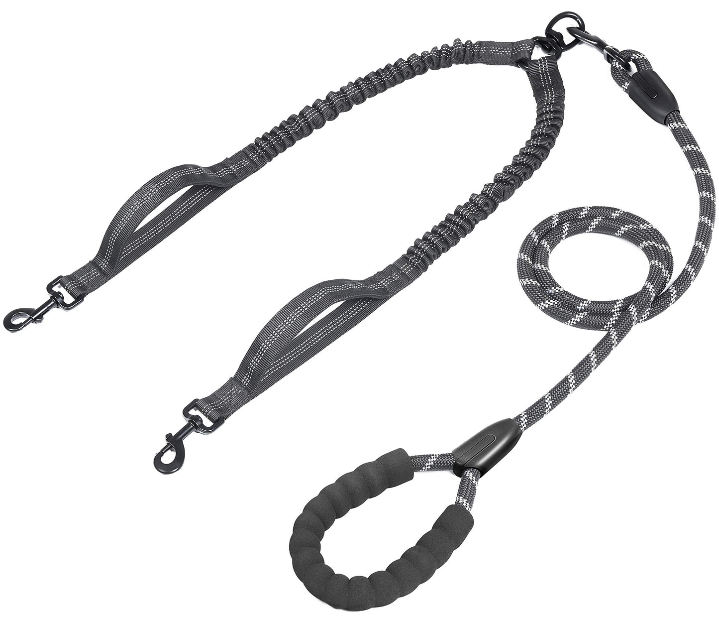 Double Dog Leash with Two Extra Traffic Handles, 360 Swivel No Tangle Dual Dog Walking Leash, Comfortable Shock Absorbing Reflective Bungee for Two