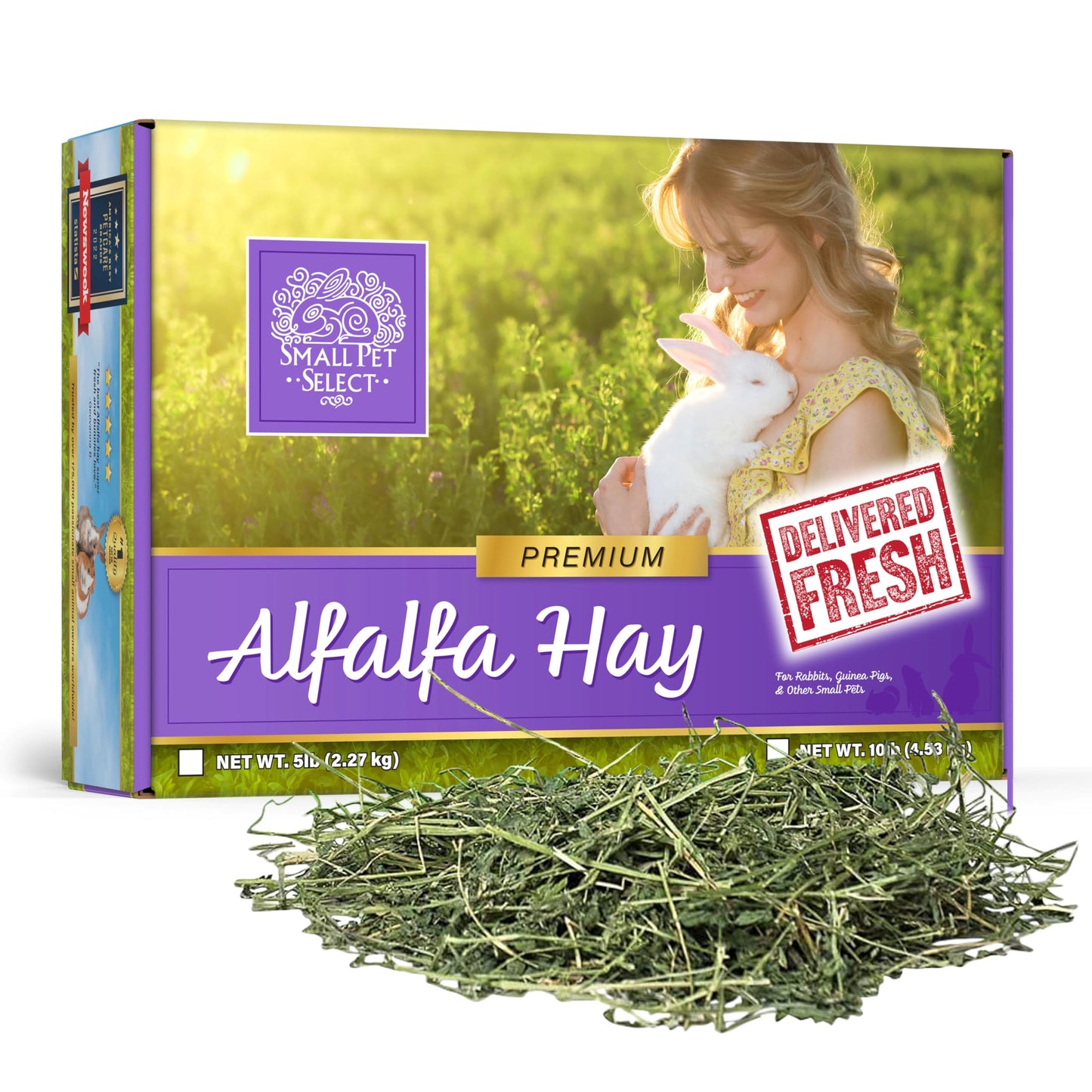 Small Pet Select Alfalfa Hay Pet Food for Young Rabbits, Guinea Pigs, Chinchillas, Tortoises and Other Small Animals, Easy to Store Box, 5 LB