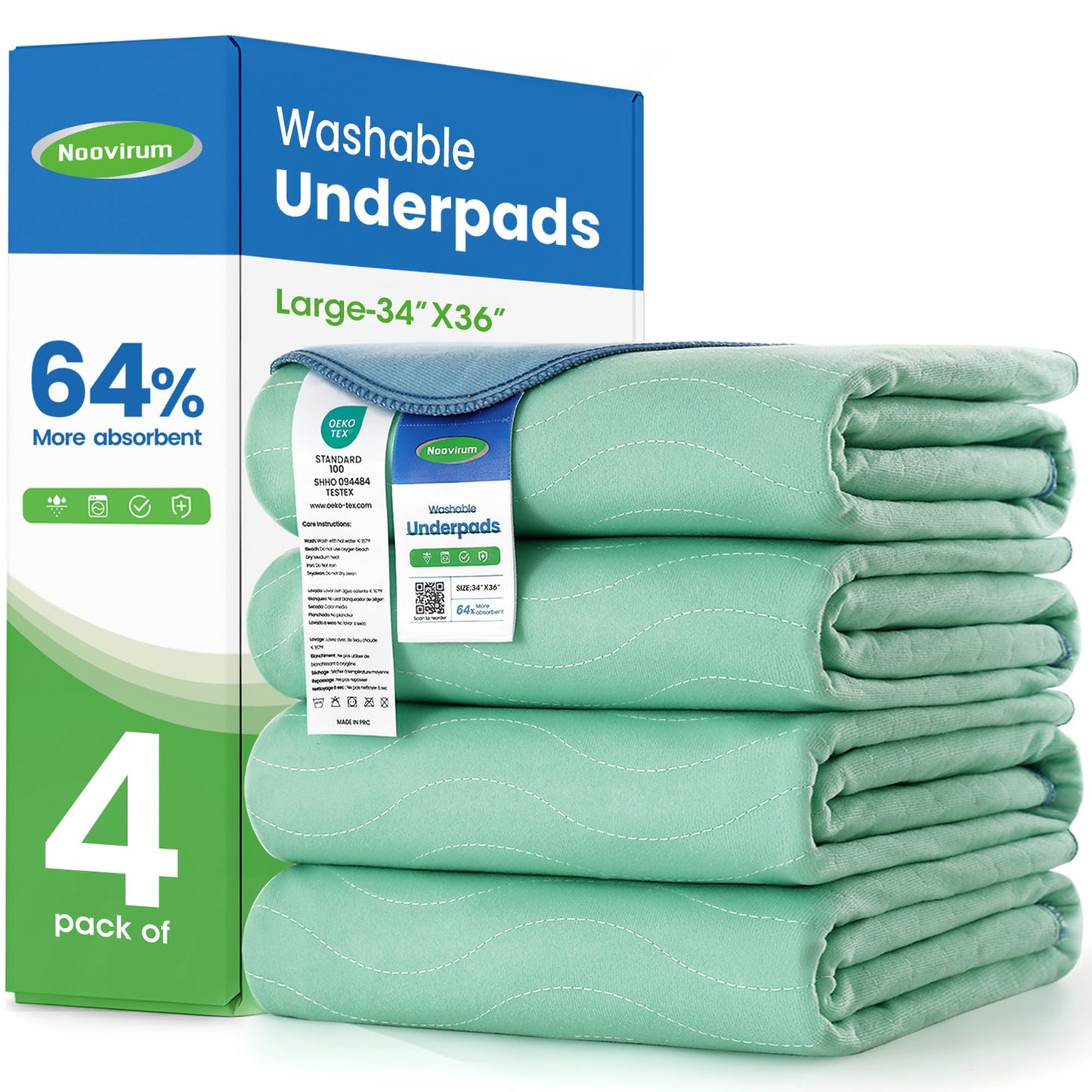 Noovirum Washable Underpads,34"x36" (Pack of 4) - Heavy Absorbency Incontinence Bed Pads for Adults, Kids & Pets - Waterproof Reusable Protective Pad for Bed, Sofa, Furniture & Floor
