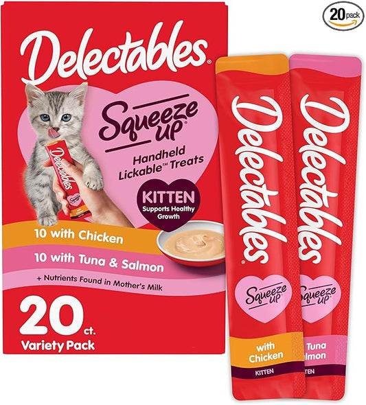 Delectables Squeeze Up Kitten Variety Pack, Creamy Squeezable Puree, Lickable Wet Cat Treats, Grain Free, No Added Fillers, No by-Products, No Added Preservatives, 0.5 Ounces Tube, 20 Tubes Total