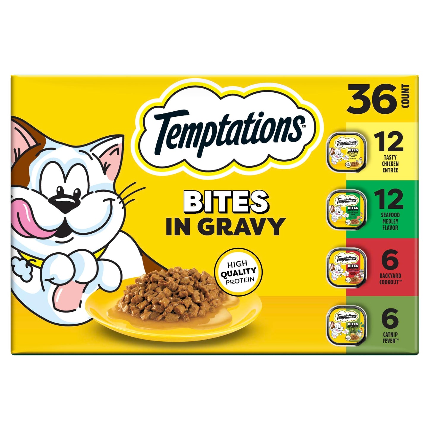 Temptations Bites in Gravy Adult Wet Cat Food Tasty Chicken Entree, Seafood Medley, Backyard Cookout, and Catnip Fever, 3.5 oz. Trays (36 Count, Pack