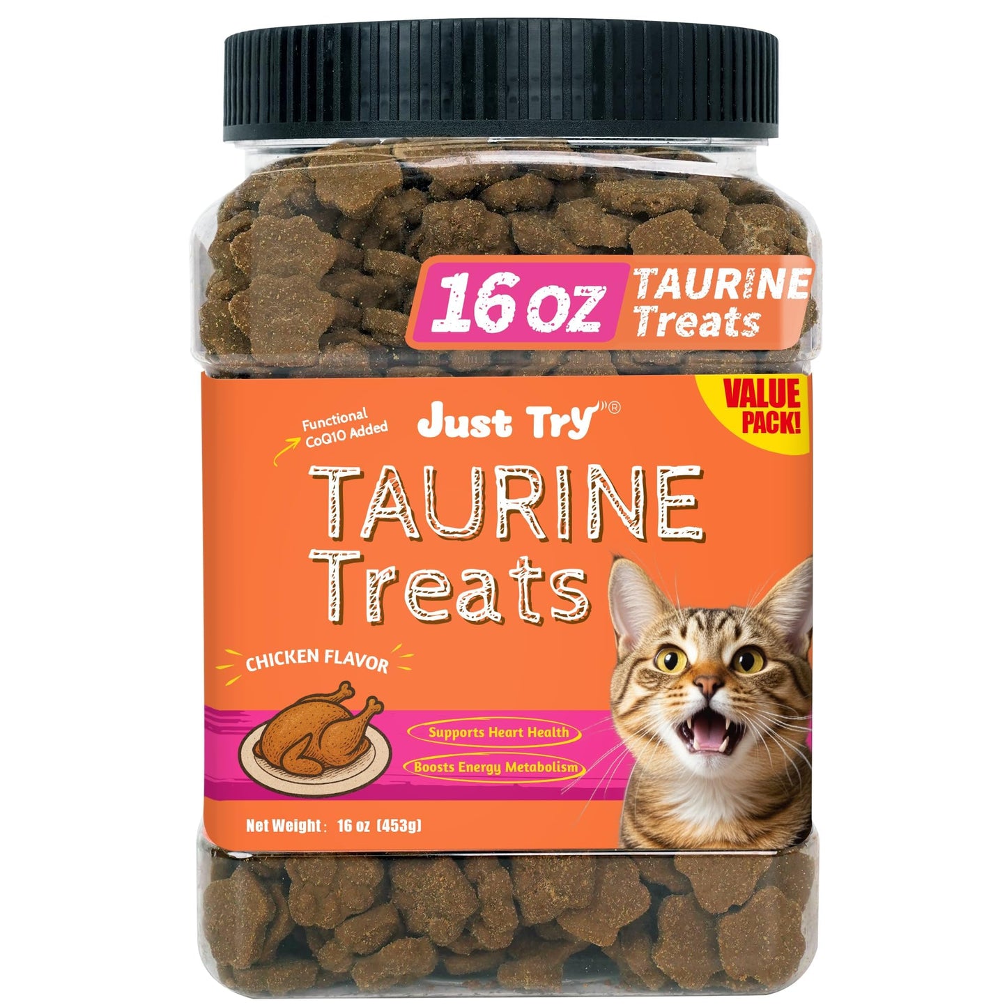 Just Try 16 OZ Taurine Treats with Coenzyme Q10 for Cats - Coq10 & Taurine for Cat to Support Feline Heart Health - Chicken Flavored Chews - Vitamins Snacks Treats