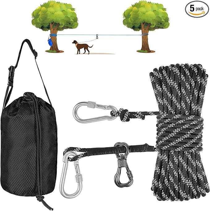 XiaZ Dog Camping Leash, 50ft Portable Overhead Trolley System for Dogs up to 200lbs, Dog Tie Out Cable, Camping, Parks, Outdoor Events,5 min