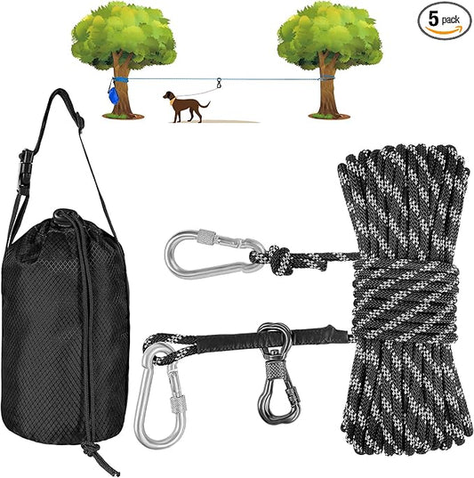 XiaZ Dog Camping Leash, 50ft Portable Overhead Trolley System for Dogs up to 200lbs, Dog Tie Out Cable, Camping, Parks, Outdoor Events,5 min