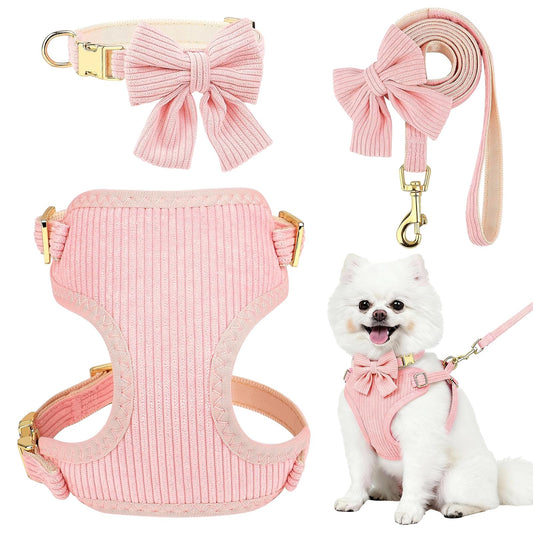 Small Dog Collar Harness and Leash Set, Dog Harness no Pull with Bowtie, Breathable Cotton Adjustable Pet Puppy Harness, Easy Walk Dog Harness