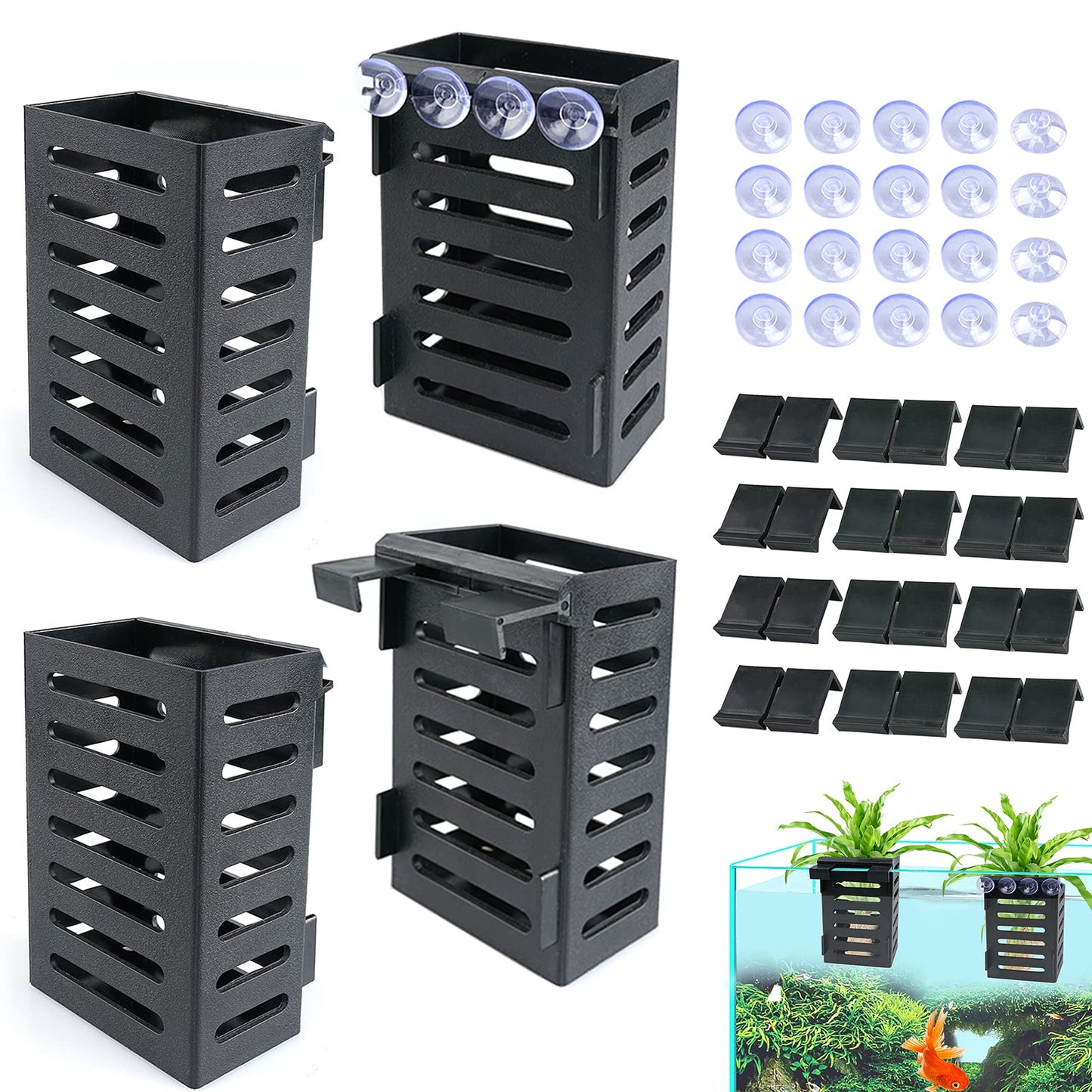 Aquarium Plant Holder 4 PCS Aquatic Plant Pot with 24 Hooks and 20 Suction Cups for Fish Tank Aquarium Planter and Aquascape Decorations (Black)