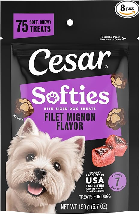 Cesar Softies Chewy Small Dog Treats Filet Mignon Flavor, 6.7 oz. Pouch (75 Treats), Pack of 8