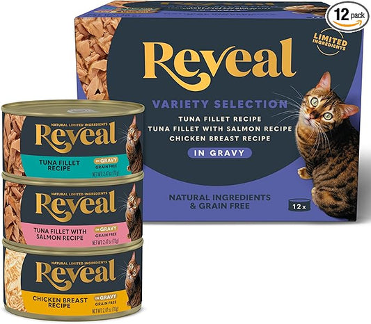 Reveal Natural Wet Canned Cat Food, Limited and Natural Ingredients, Grain Free, High Protein with No Artificial Additives, Fish and Chicken Variety in Gravy, (12 x 2.47 oz Cans)