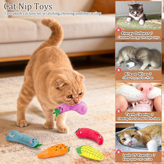 ETEKYER Catnip Cat Toys, 5 Pack, Plush Cat Nip Toys for Indoor Kitten Kitty, Interactive Cat Kicker Chew Safe Teeth Cleaning Toys, Fun Vegetable Shape