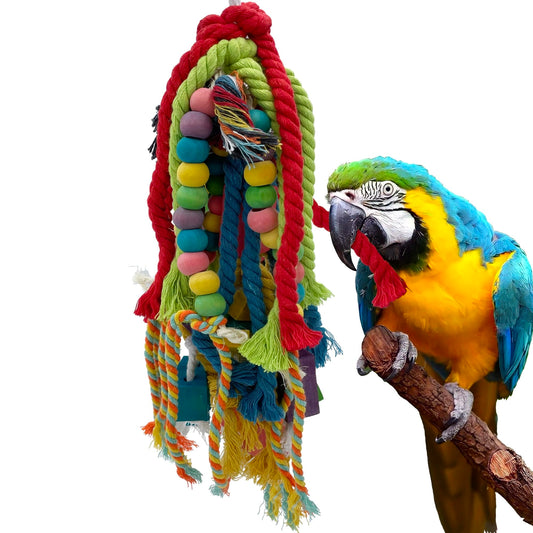 20.5 inch Parrot Chewing Toys - Wooden Block Tearing and Cotton Rope Toys for Medium Large Extra Large Parrot Conures African Grey  Cockatoo and Macaw