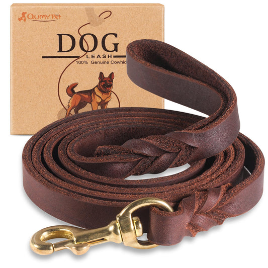 QUMY Leather Dog Leash 6ft, Heavy Duty Dog Training Leash for Large and Medium Dogs, Soft and Strong Genuine Leather Braided Handmade Long Lead Leash