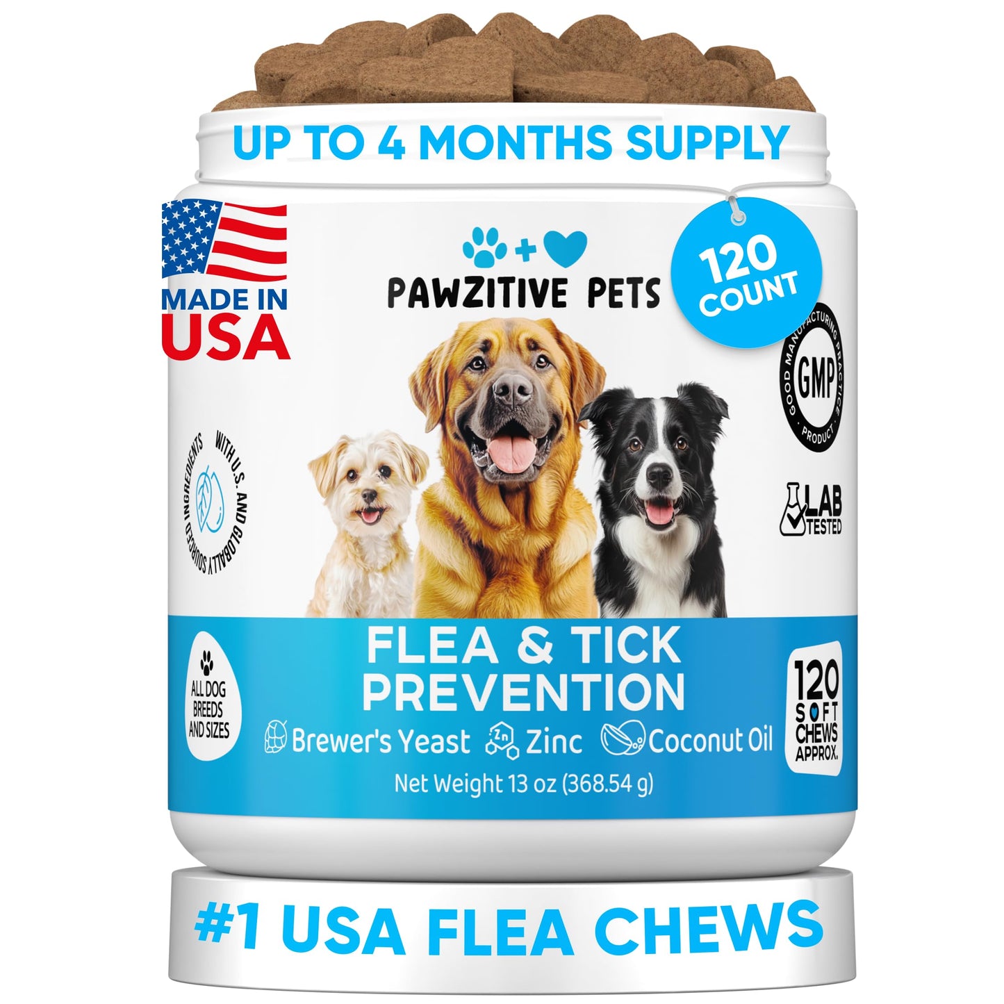 Chewable Flea and Tick Prevention for Dogs - 120 Soft Chews Made in USA - Oral Flea and Tick Control Pills for Small, Medium, Large Dogs and Puppies - Skin and Coat Supplement Treats for All Breeds