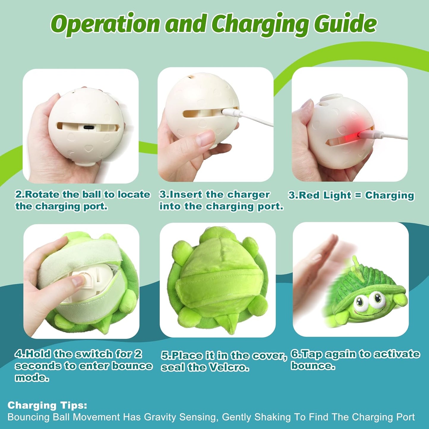 GUKCO Interactive Moving Dog Toys – Plush Chew Toy with Bouncing Ball, Music & Recording | Rechargeable Self-Play Toys for Small, Medium & Large Dogs to Keep Them Engaged (Turtle)