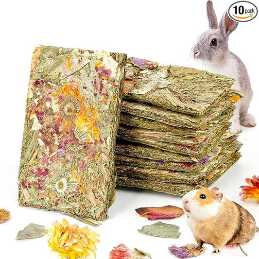 Abizoo Rabbit Natural Treats,10Pcs Timothy Hay Toys Chips Bunny chew Toys with Herbal Flowers Guinea Pig Treats for Hamster Chinchillas Gerbils Rats Small Animals Teeth Care Crisp Snacks