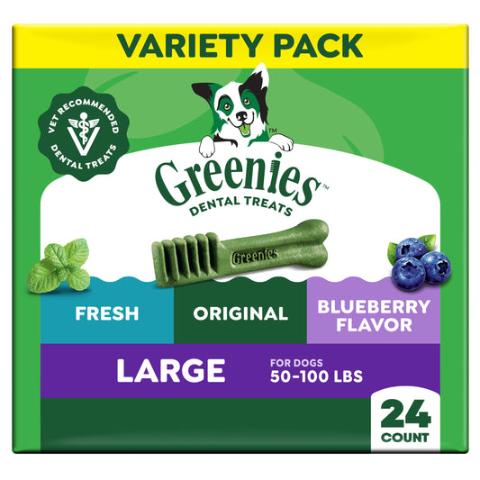 Greenies Dog Treats, Veterinarian-Recommended Natural Dental Dog Treats, Large Size, Variety Pack Flavor, (3) 12 oz. Packs, 24 Count