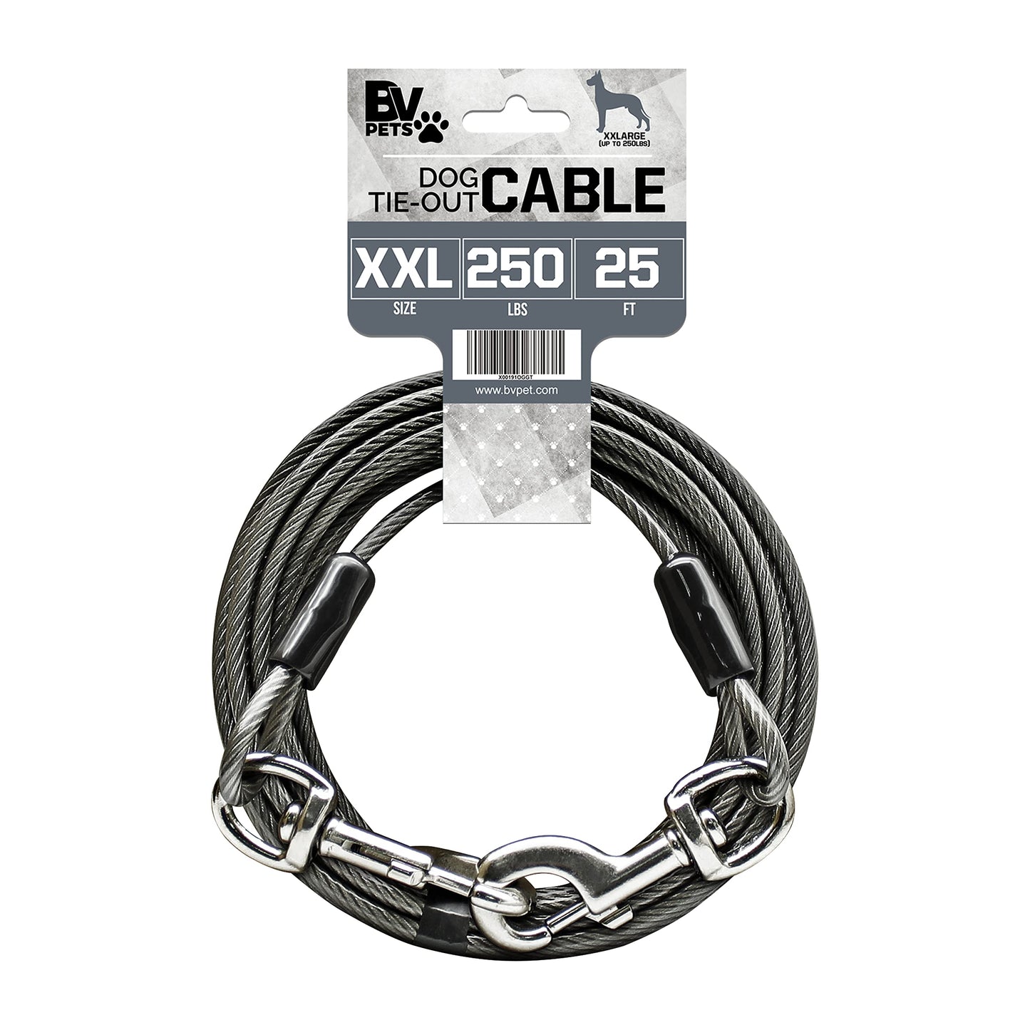 BV Dog Tie Out Cable 25 Feet - Heavy Duty Dog Lead Up to 250 Pounds - Reflective & Rust-Free with Quick Release Swivel Clips & 360° Rotating Clasp