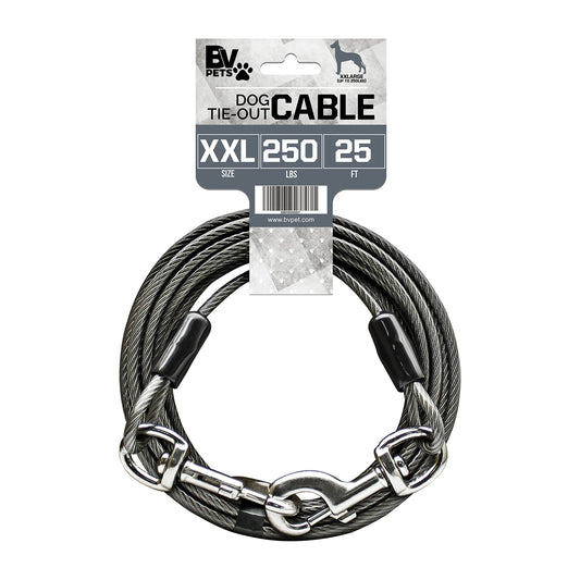 BV Dog Tie Out Cable 25 Feet - Heavy Duty Dog Lead Up to 250 Pounds - Reflective & Rust-Free with Quick Release Swivel Clips & 360° Rotating Clasp