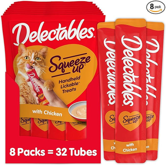 Delectables Squeeze Up Creamy Squeezable Puree, Lickable Wet Cat Treats, Grain Free, No Added Fillers, No By-Products, No Added Preservatives, 0.5 Ounces Tube Chicken Flavor, 32 Tubes Total